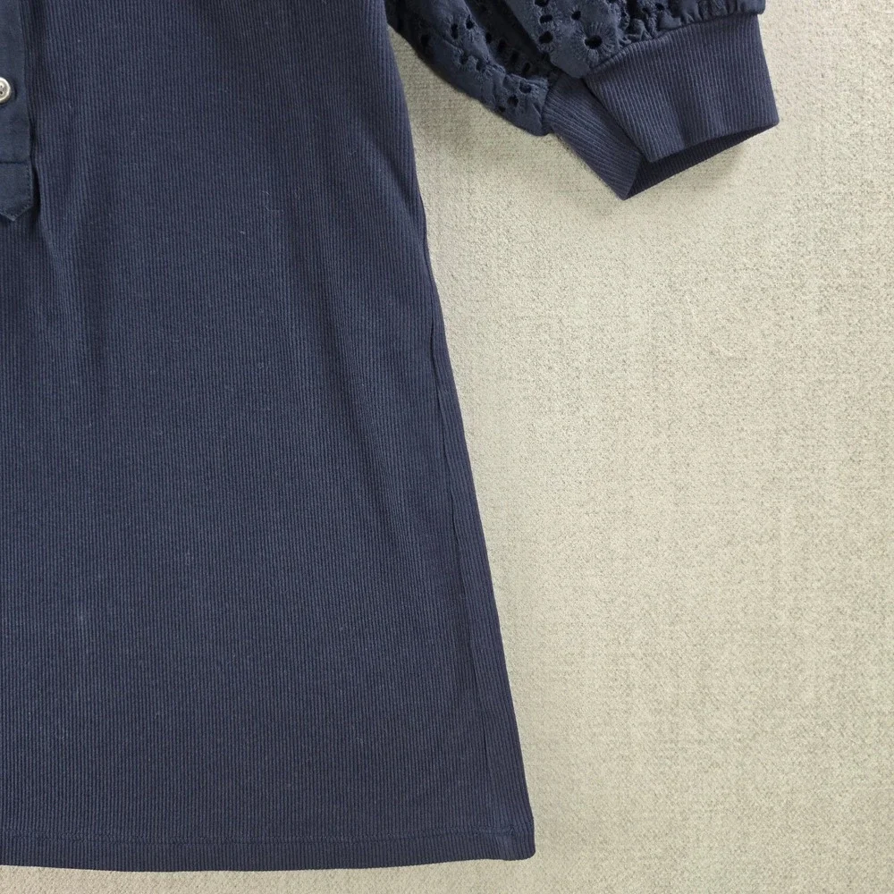LOFT Henley Top Womens Medium Navy Blue Eyelet Lace Puff Sleeve Ribbed Knit
